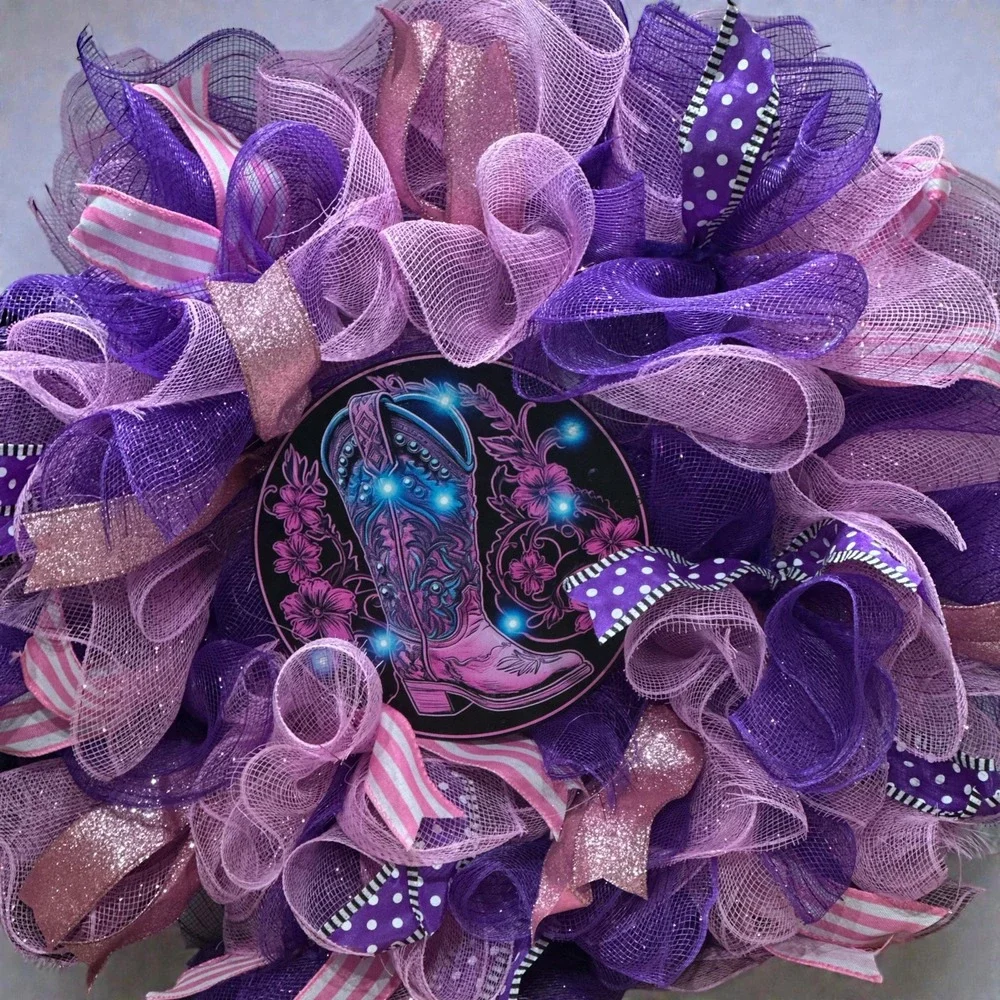 Handmade Western Mesh Wreath; Purple and Pink Wreath with a Western Flair